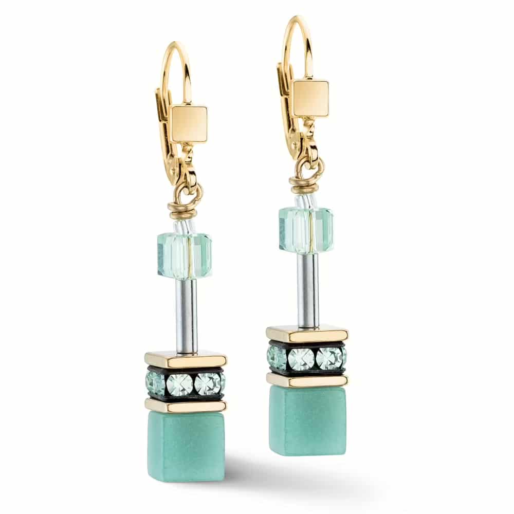 4020/20-0533 Aqua Green Geocube Gold Earrings