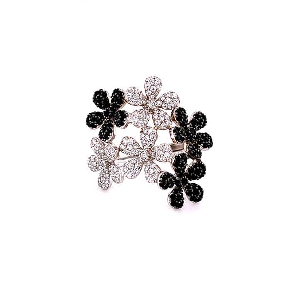 B171AN ANELLO FIORE ZIRGONI BIANCHI E NERI