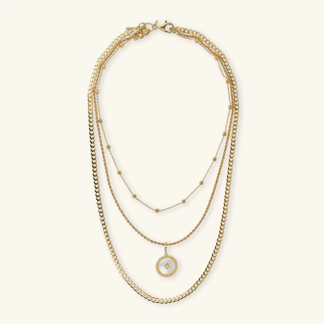 Collana Multifilo con Pendente Tondo in Madreperla Bianca